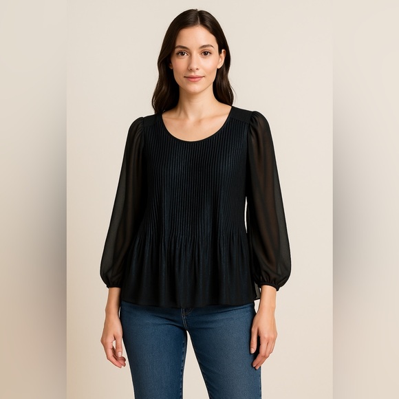Nanette Lepore Sheer Pleated Blouse Black Metallic Size L - Picture 1 of 4